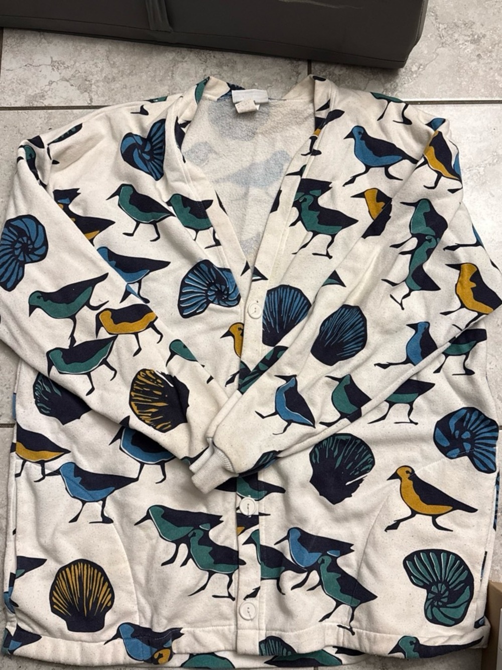 Vintage Michigan Rag Co Cream Bird-Print Button-Front Cardigan